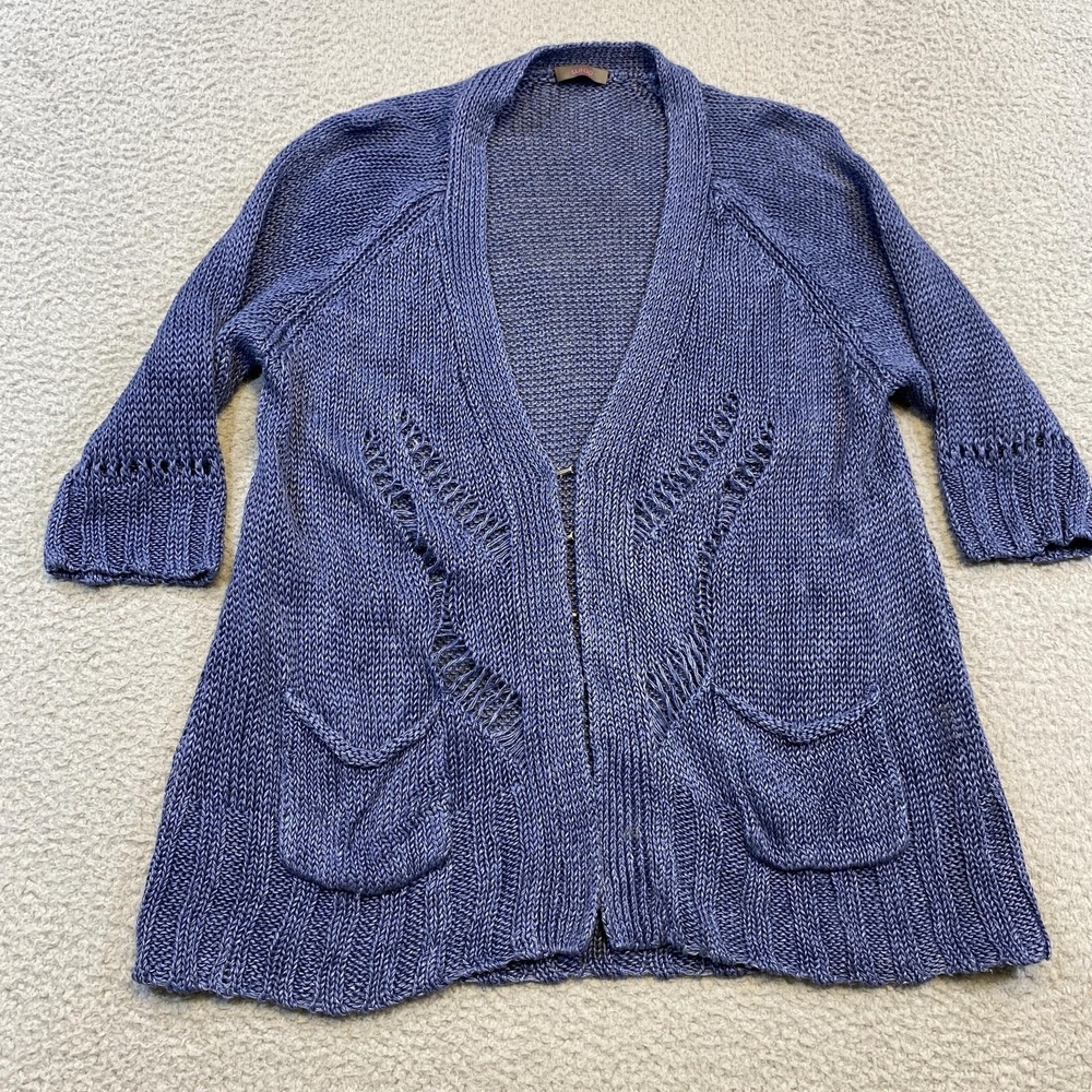 Wrap Linen Sweater Womens UK 18 EU 46 Blue Cardigan Boho Open Knit Pockets W406
